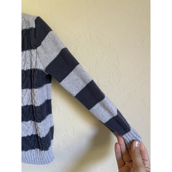 Tea Collection Size Small 4/5 Gray Navy Blue Cable Knit Mock Neck Full Zip Cardi - Picture 5 of 6